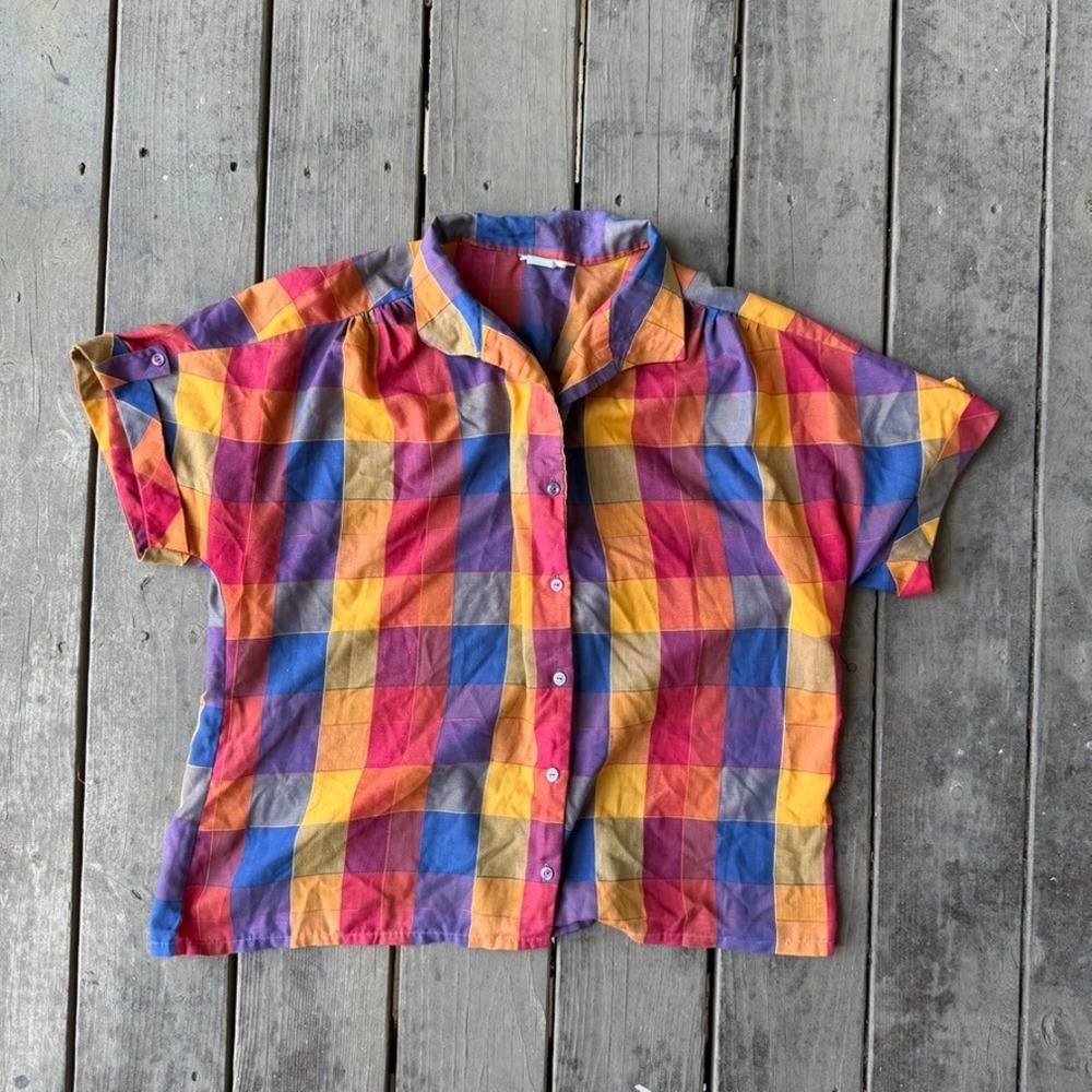 Maggie Sweet Vintage Multicolor Check Grid Camp Collar Blouse Shirt Boxy